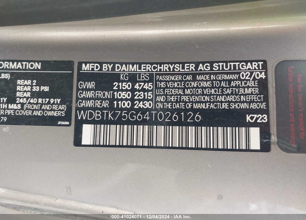 2004 MERCEDES-BENZ CLK 500 VIN: WDBTK75G64T026126