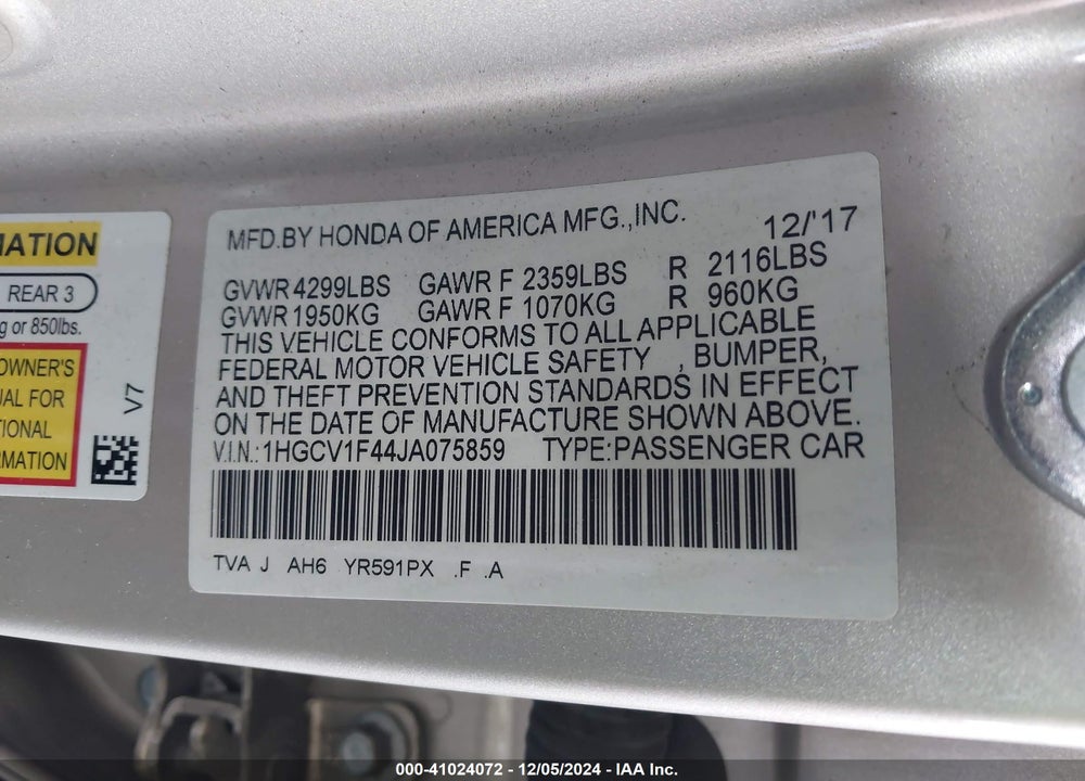 2018 HONDA ACCORD EX VIN: 1HGCV1F44JA075859