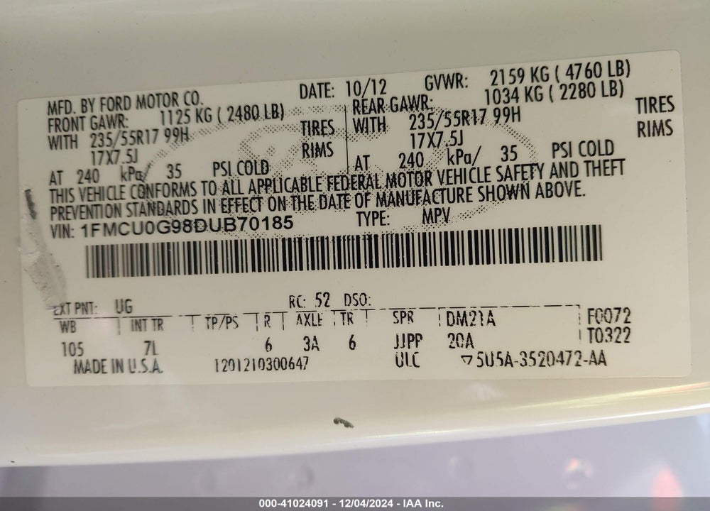 2013 FORD ESCAPE SE VIN: 1FMCU0G98DUB70185