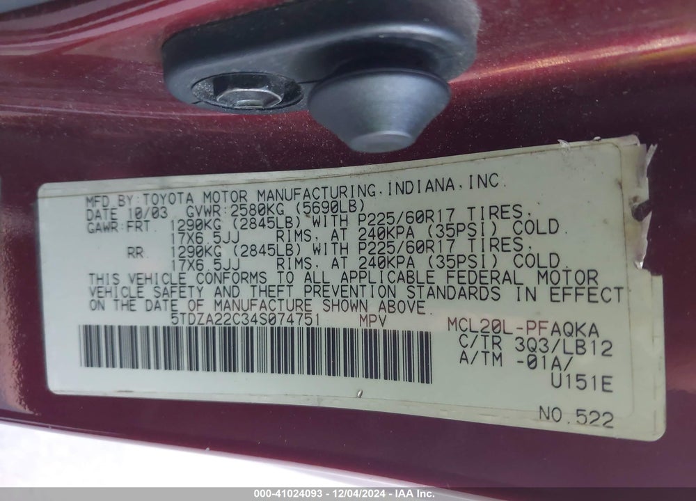 2004 TOYOTA SIENNA XLE/LTD VIN: 5TDZA22C34S074751