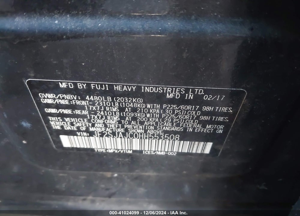 2017 SUBARU FORESTER LIMITED VIN: JF2SJAJC0HH553508