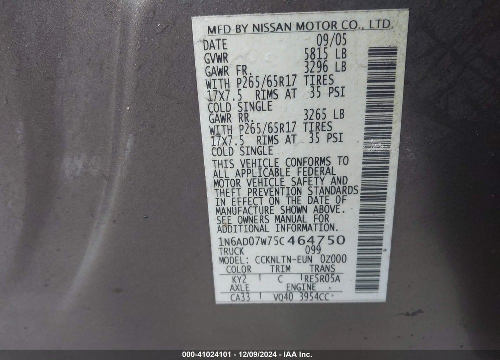 2005 NISSAN FRONTIER LE VIN: 1N6AD07W75C464750