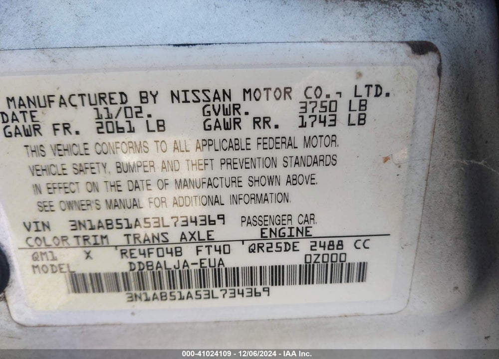2003 NISSAN SENTRA GXE LIMITED EDITION VIN: 3N1AB51A53L734369