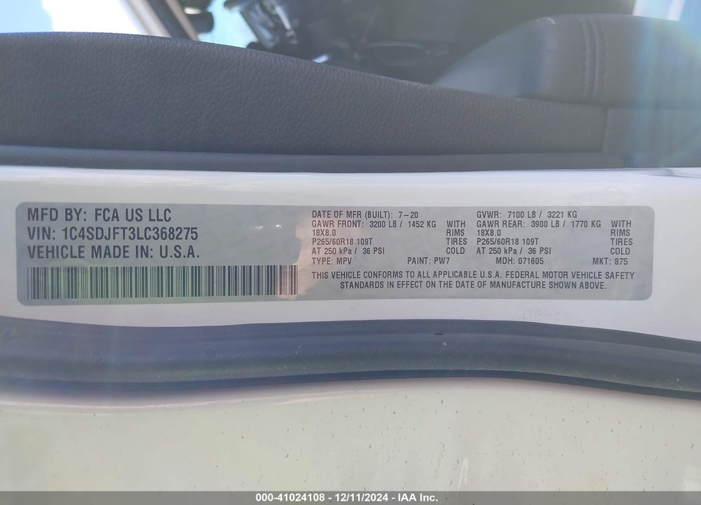 2020 DODGE DURANGO PURSUIT VIN: 1C4SDJFT3LC368275