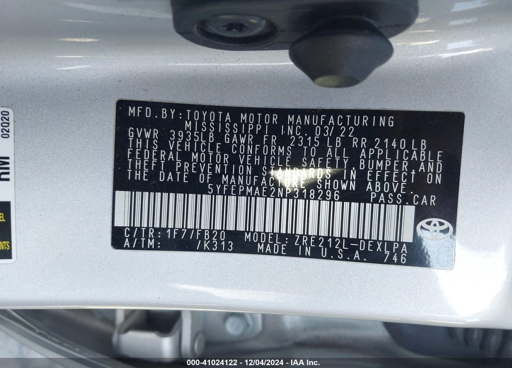 2022 TOYOTA COROLLA VIN: 5YFEPMAE2NP318296