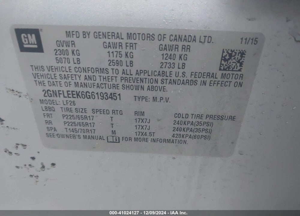 2016 CHEVROLET EQUINOX LS VIN: 2GNFLEEK6G6193451