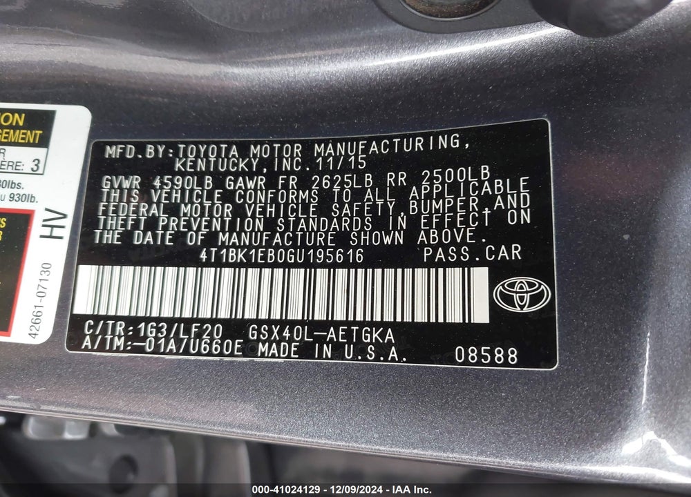 2016 TOYOTA AVALON VIN: 4T1BK1EB0GU195616