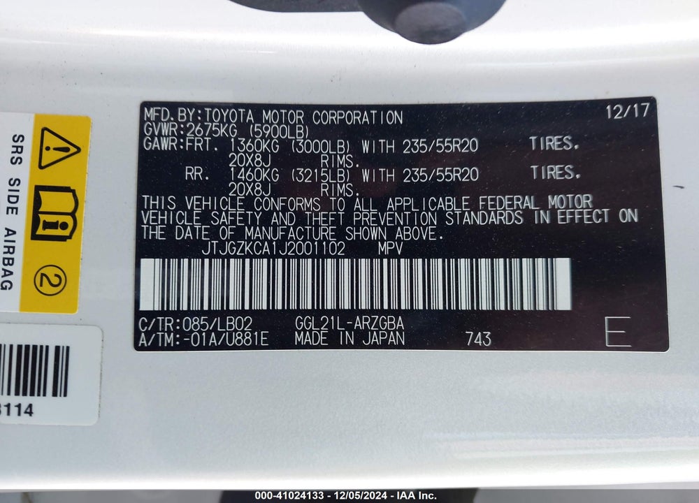 2018 LEXUS RX 350L PREMIUM VIN: JTJGZKCA1J2001102