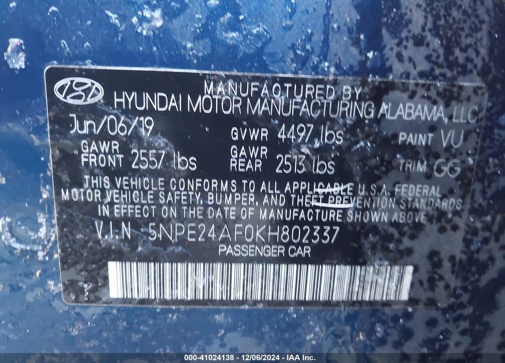 2019 HYUNDAI SONATA SE VIN: 5NPE24AF0KH802337