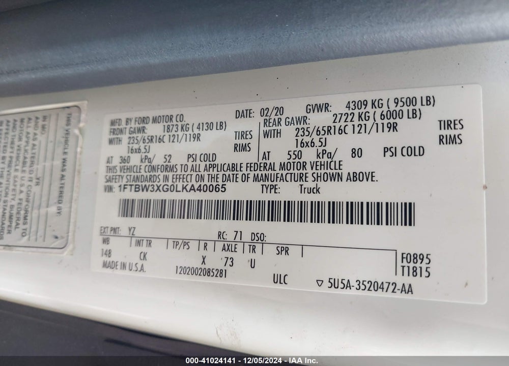 2020 FORD TRANSIT-350 CARGO VAN VIN: 1FTBW3XG0LKA40065