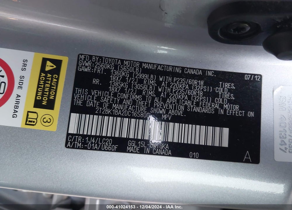 2013 LEXUS RX 350 VIN: 2T2BK1BA2DC165800