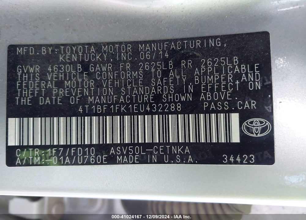 2014 TOYOTA CAMRY LE VIN: 4T1BF1FK1EU432288