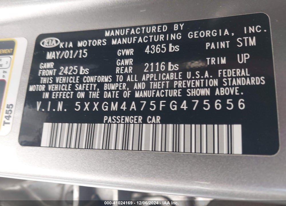 2015 KIA OPTIMA LX VIN: 5XXGM4A75FG475656