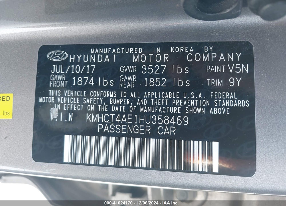 2017 HYUNDAI ACCENT SE VIN: KMHCT4AE1HU358469