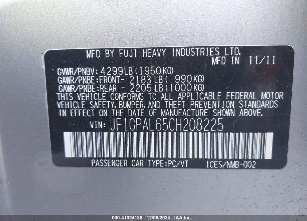 2012 SUBARU IMPREZA VIN: JF1GPAL65CH208225