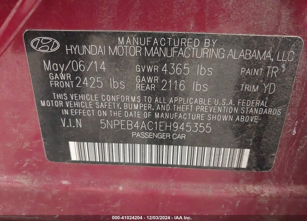 2014 HYUNDAI SONATA GLS VIN: 5NPEB4AC1EH945355