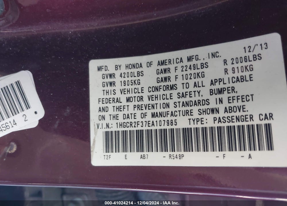 2014 HONDA ACCORD VIN: 1HGCR2F37EA107985