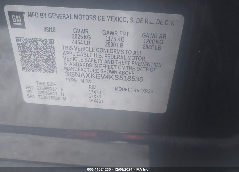 2019 CHEVROLET EQUINOX LT VIN: 3GNAXKEV4KS518535