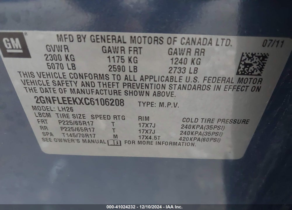 2012 CHEVROLET EQUINOX 1LT VIN: 2GNFLEEKXC6106208