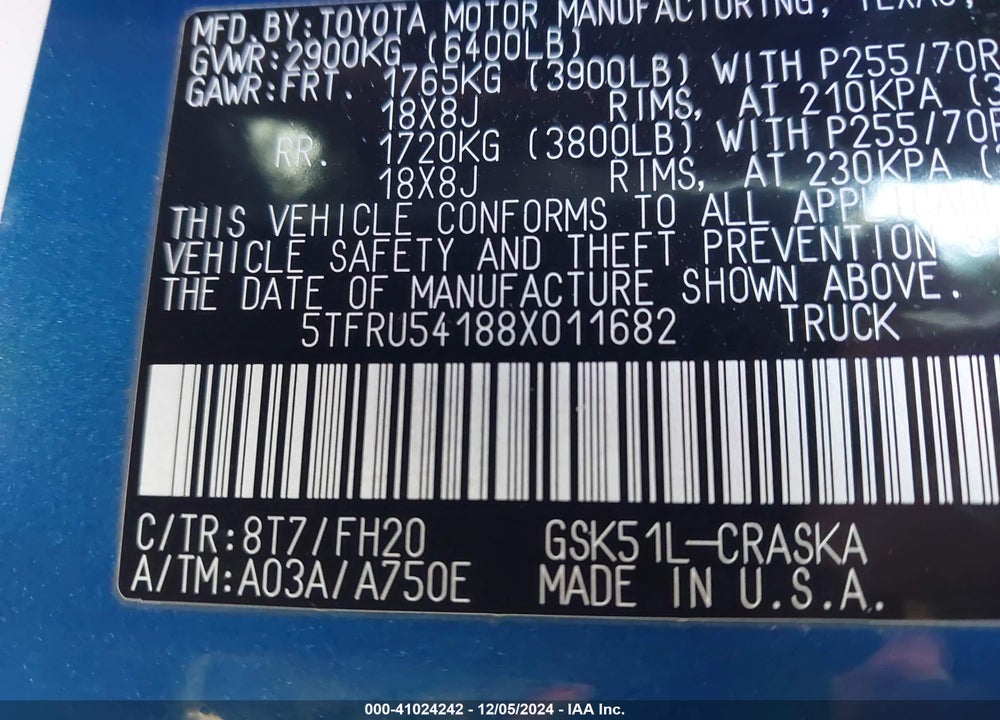 2008 TOYOTA TUNDRA BASE V6 VIN: 5TFRU54188X011682
