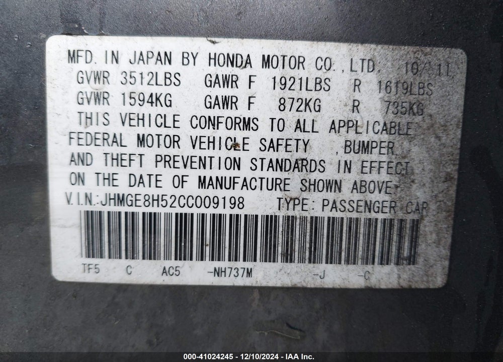 2012 HONDA FIT SPORT VIN: JHMGE8H52CC009198