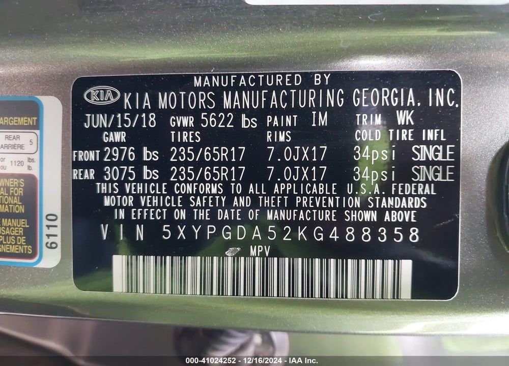 2019 KIA SORENTO 3.3L LX VIN: 5XYPGDA52KG488358