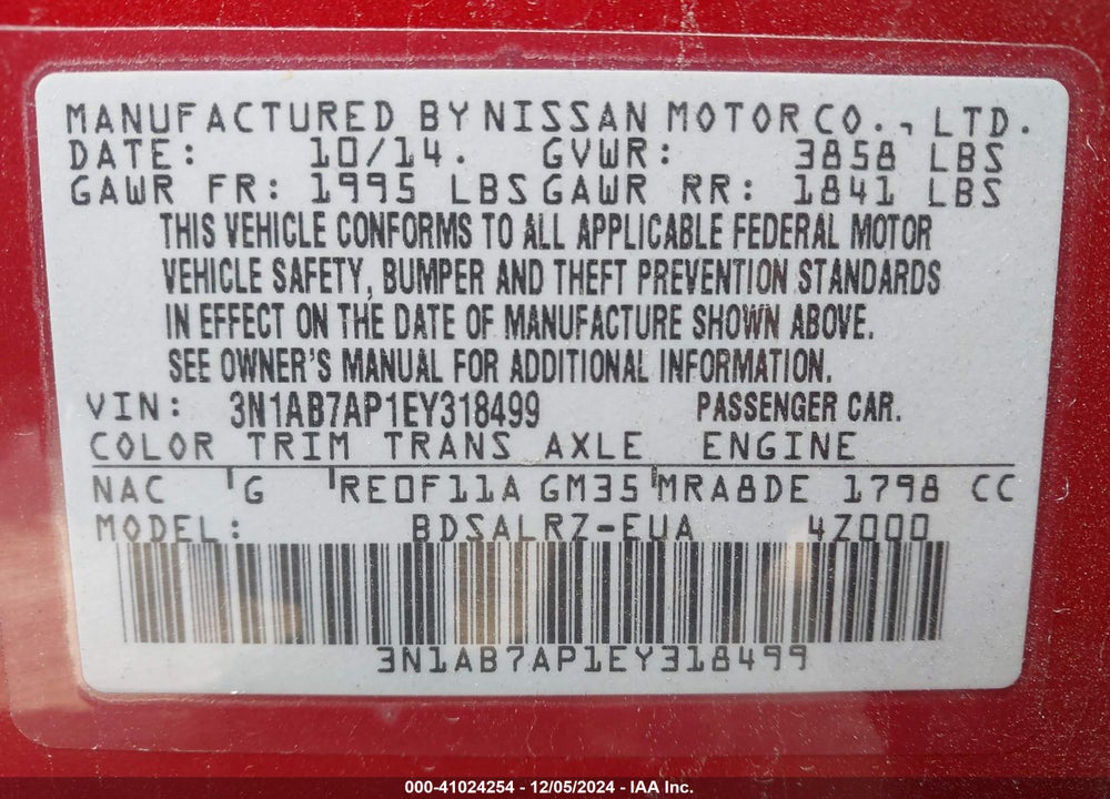 2014 NISSAN SENTRA VIN: 3N1AB7AP1EY318499