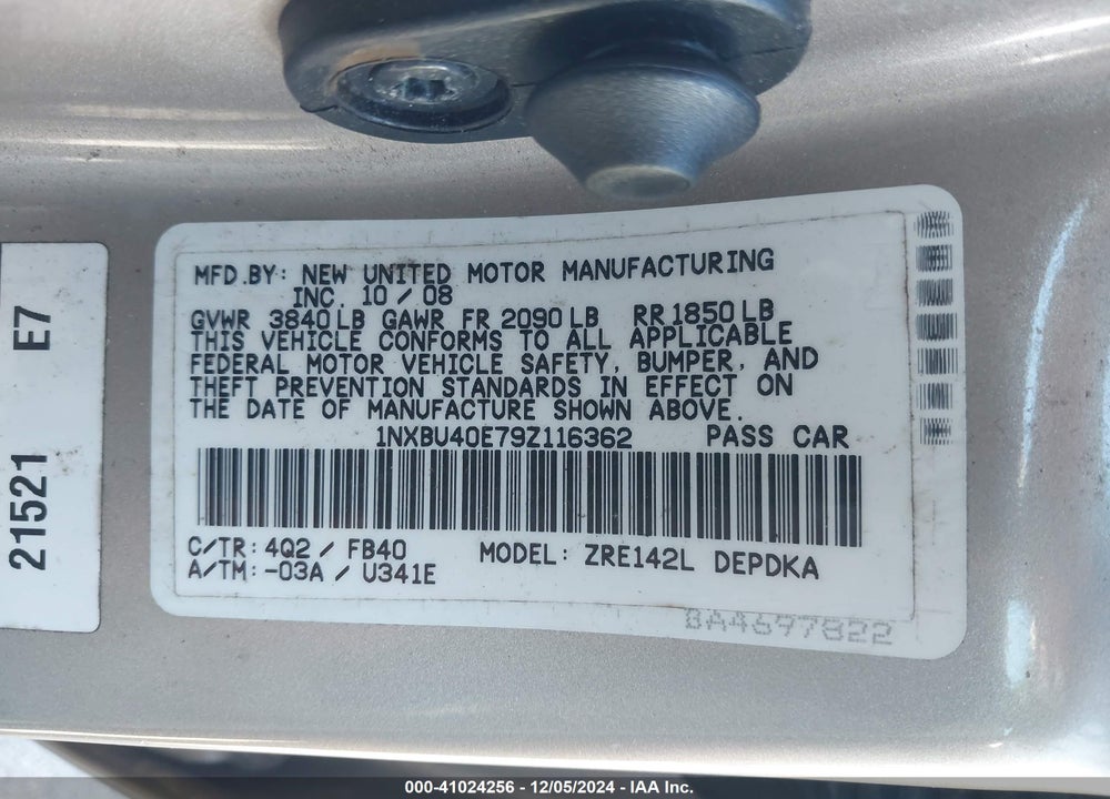 2009 TOYOTA COROLLA LE VIN: 1NXBU40E79Z116362
