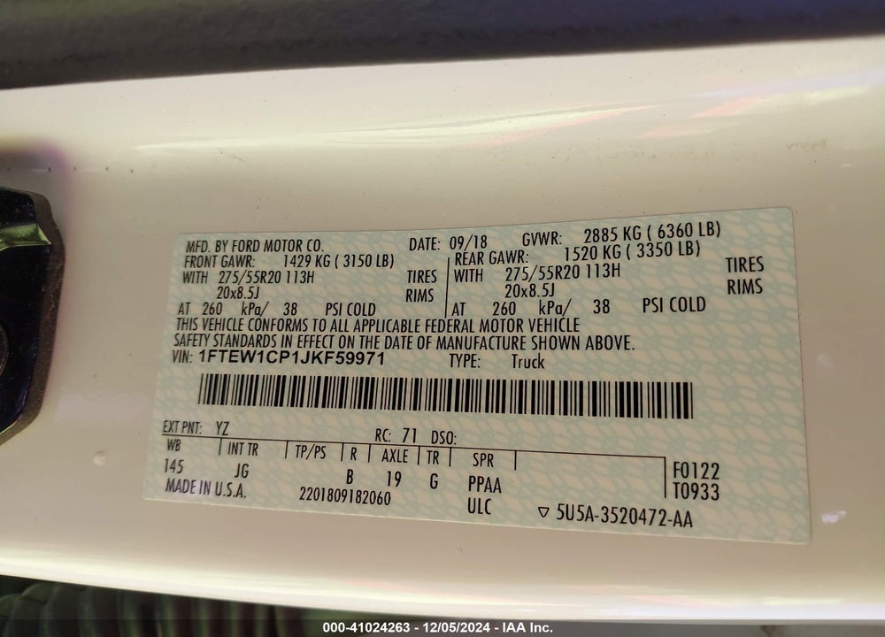 2018 FORD F-150 XL VIN: 1FTEW1CP1JKF59971