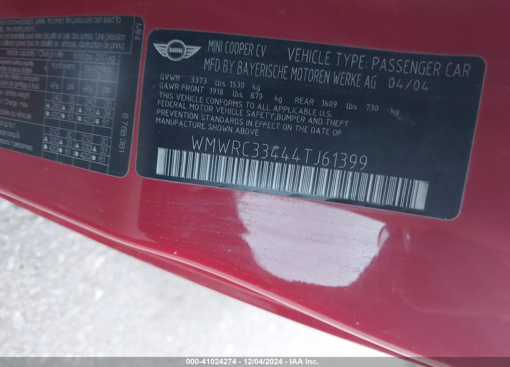2004 MINI COOPER VIN: WMWRC33444TJ61399