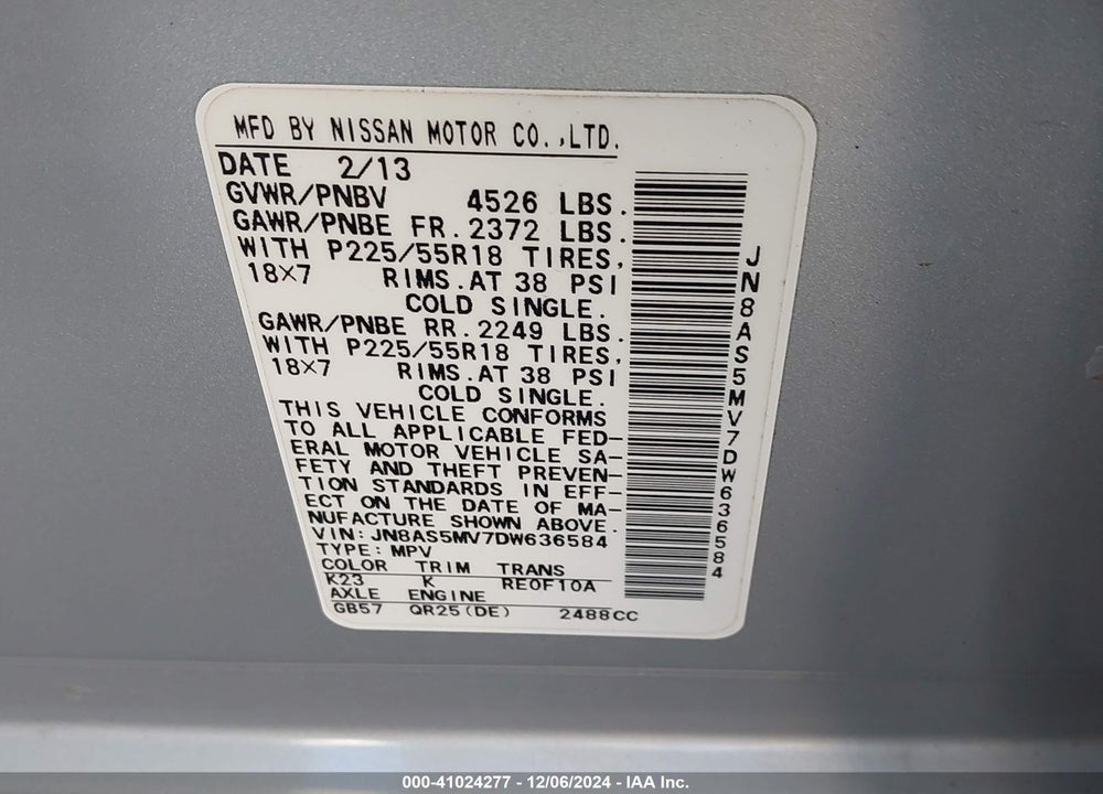 2013 NISSAN ROGUE SV W/SL PKG VIN: JN8AS5MV7DW636584