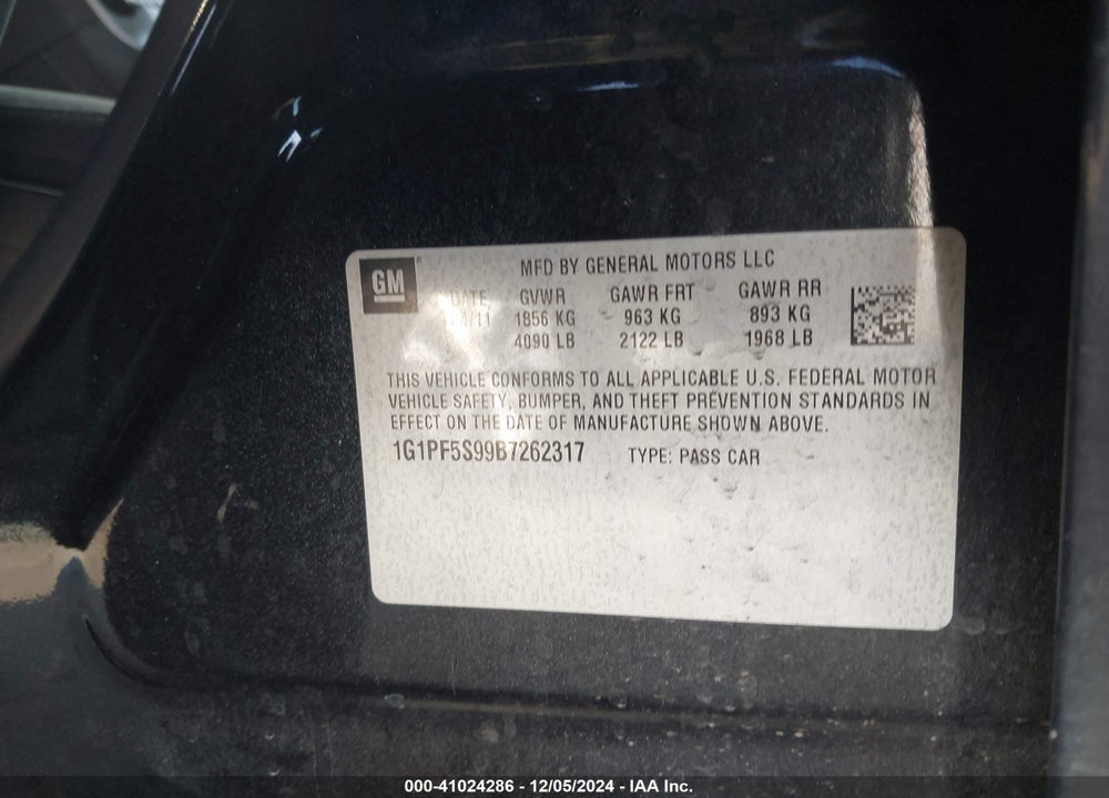 2011 CHEVROLET CRUZE VIN: 1G1PF5S99B7262317