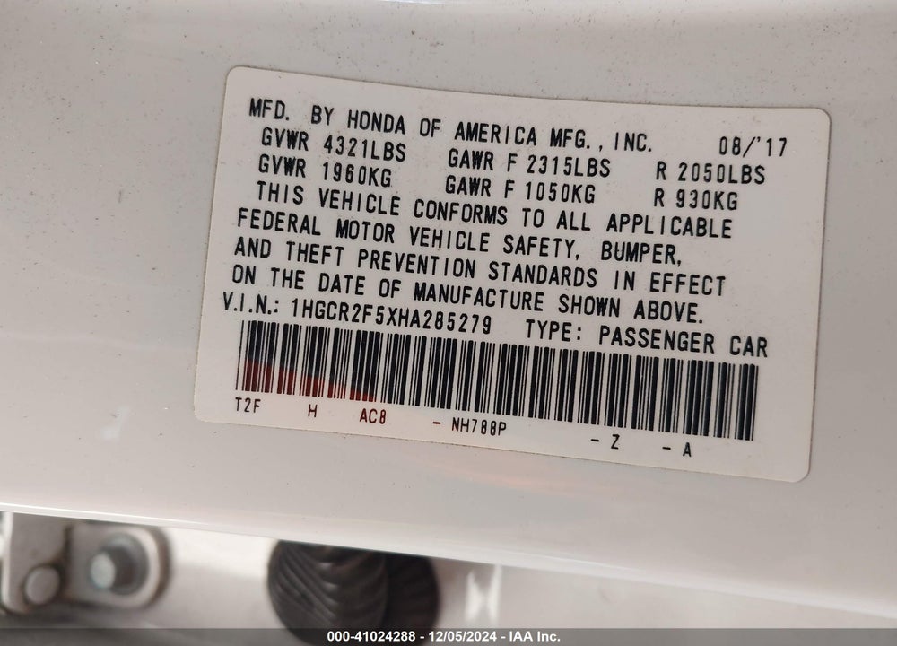 2017 HONDA ACCORD SPORT VIN: 1HGCR2F5XHA285279
