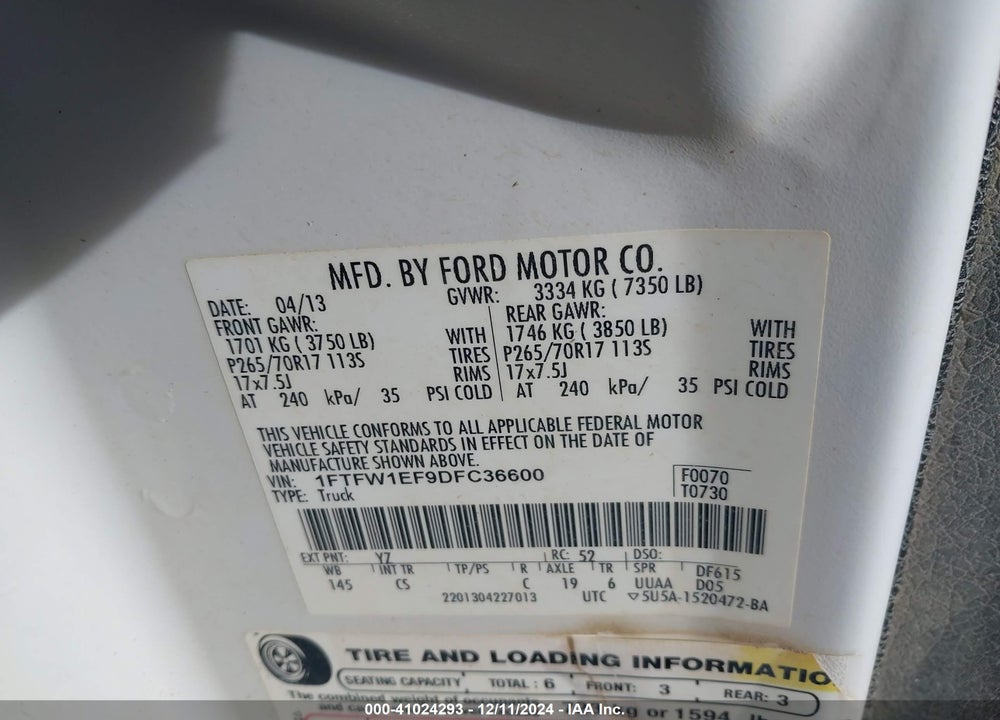2013 FORD F-150 XL VIN: 1FTFW1EF9DFC36600