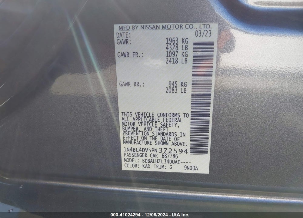 2023 NISSAN ALTIMA SV FWD VIN: 1N4BL4DV5PN372594