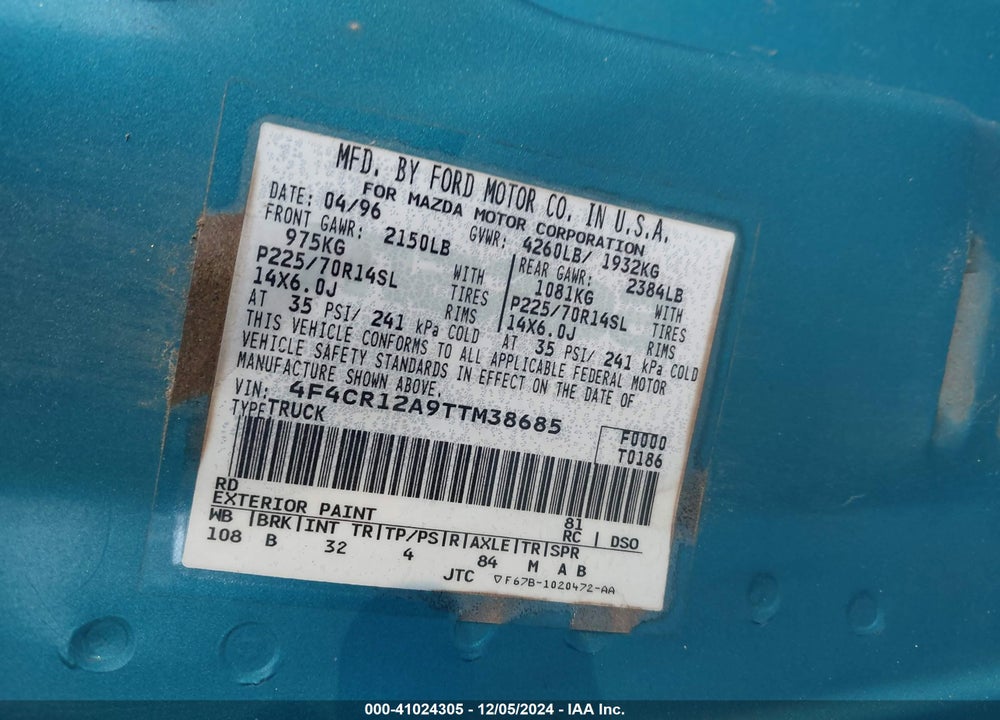 1996 MAZDA B2300 VIN: 4F4CR12A9TTM38685
