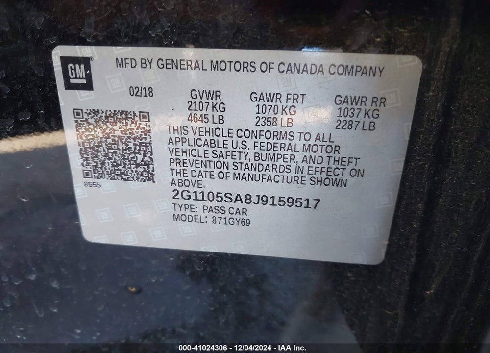 2018 CHEVROLET IMPALA VIN: 2G1105SA8J9159517