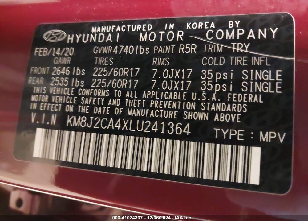 2020 HYUNDAI TUCSON SE VIN: KM8J2CA4XLU241364