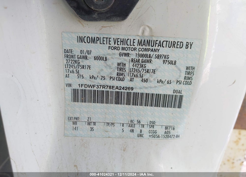 2008 FORD F-350 CHASSIS XL/XLT VIN: 1FDWF37R78EA24269