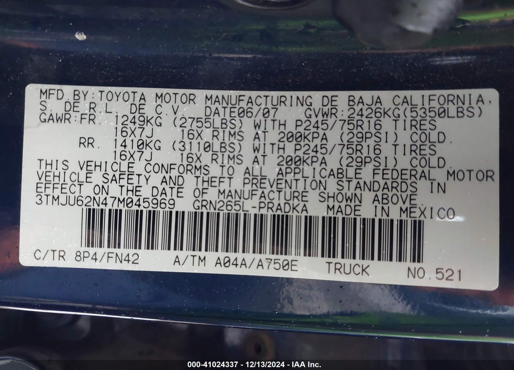 2007 TOYOTA TACOMA PRERUNNER V6 VIN: 3TMJU62N47M045969