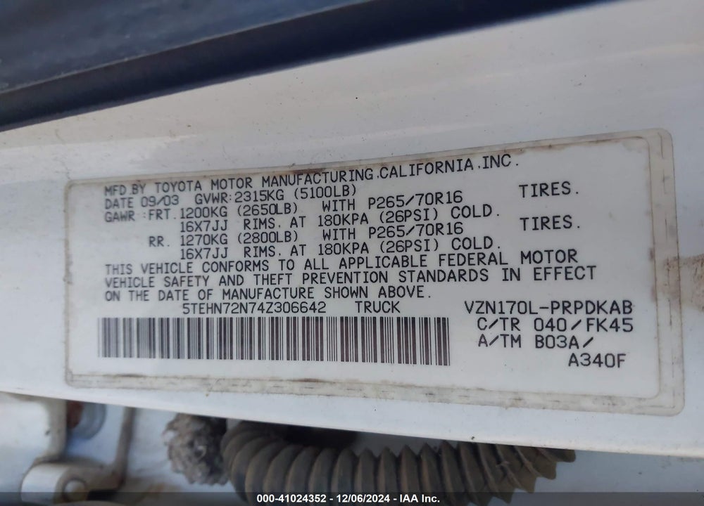2004 TOYOTA TACOMA BASE V6 VIN: 5TEHN72N74Z306642