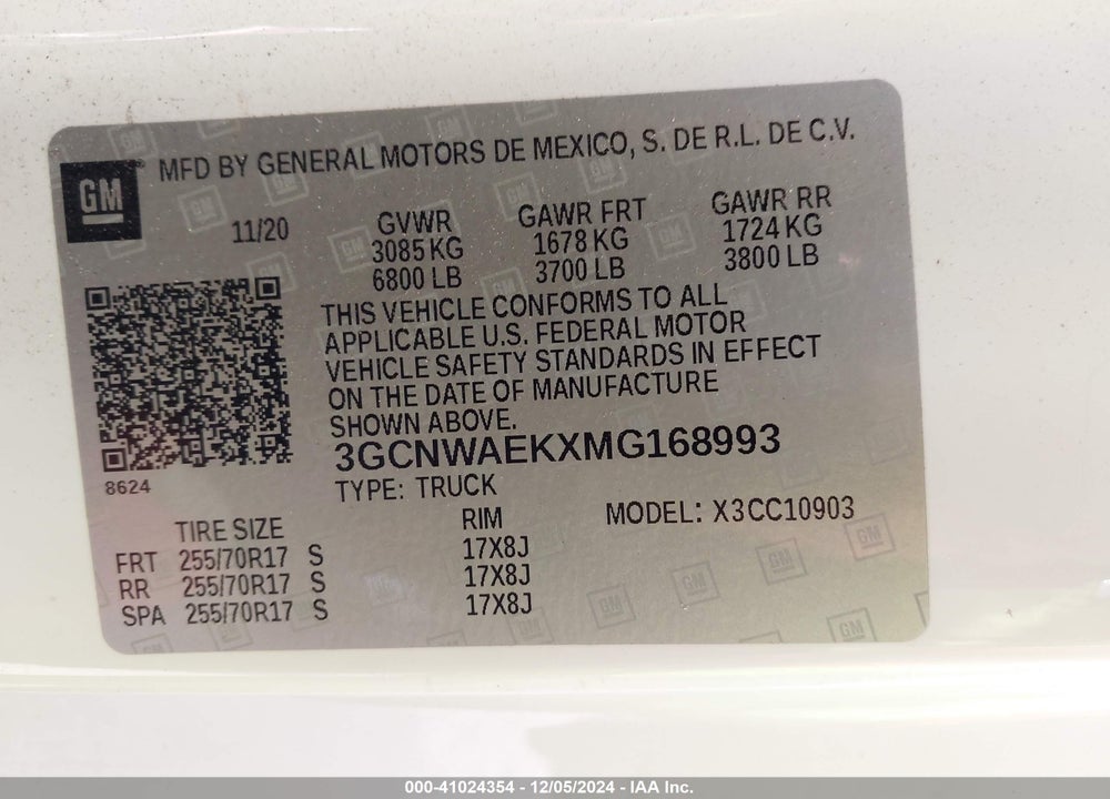 2021 CHEVROLET SILVERADO 1500 2WD LONG BED WT VIN: 3GCNWAEKXMG168993