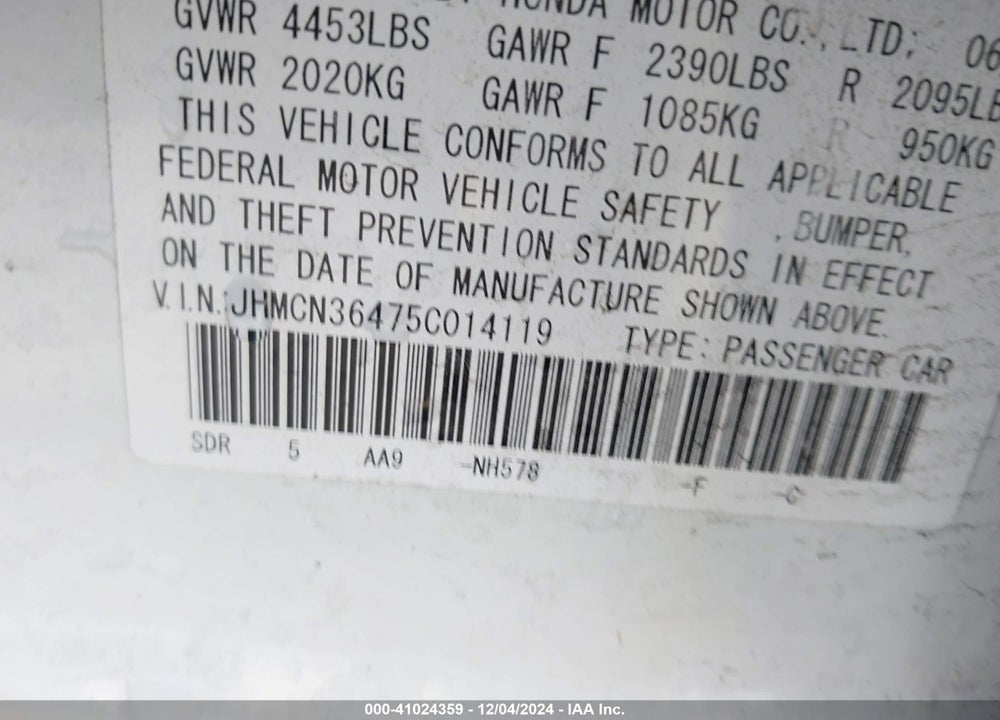 2005 HONDA ACCORD HYBRID IMA VIN: JHMCN36475C014119