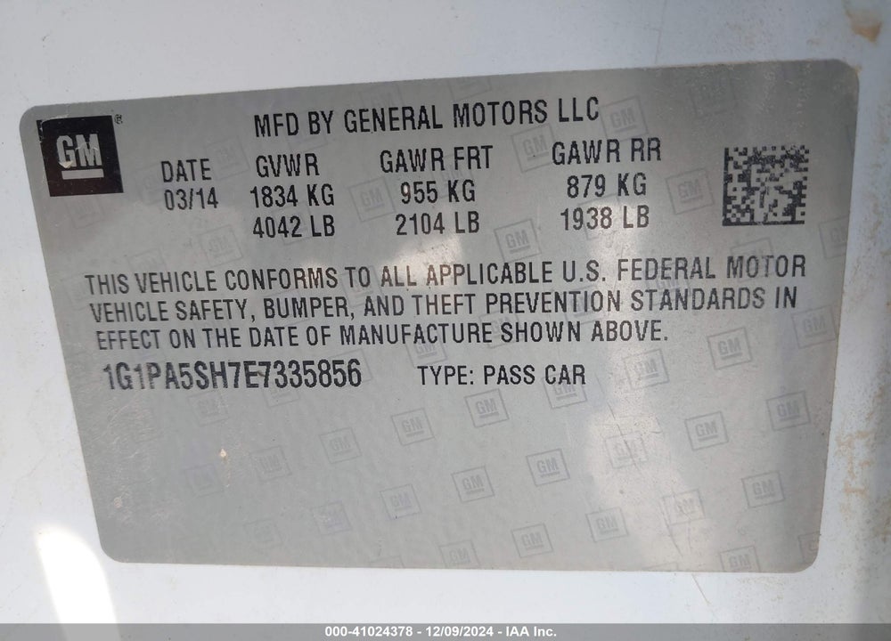 2014 CHEVROLET CRUZE LS AUTO VIN: 1G1PA5SH7E7335856