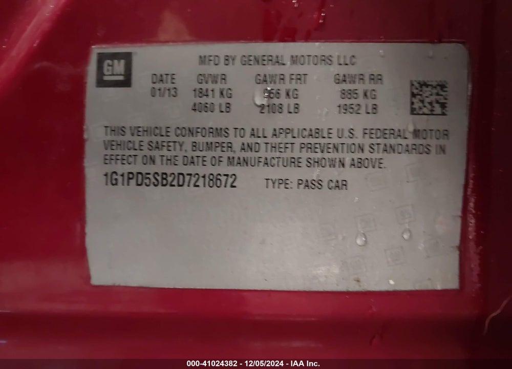 2013 CHEVROLET CRUZE 1LT MANUAL VIN: 1G1PD5SB2D7218672