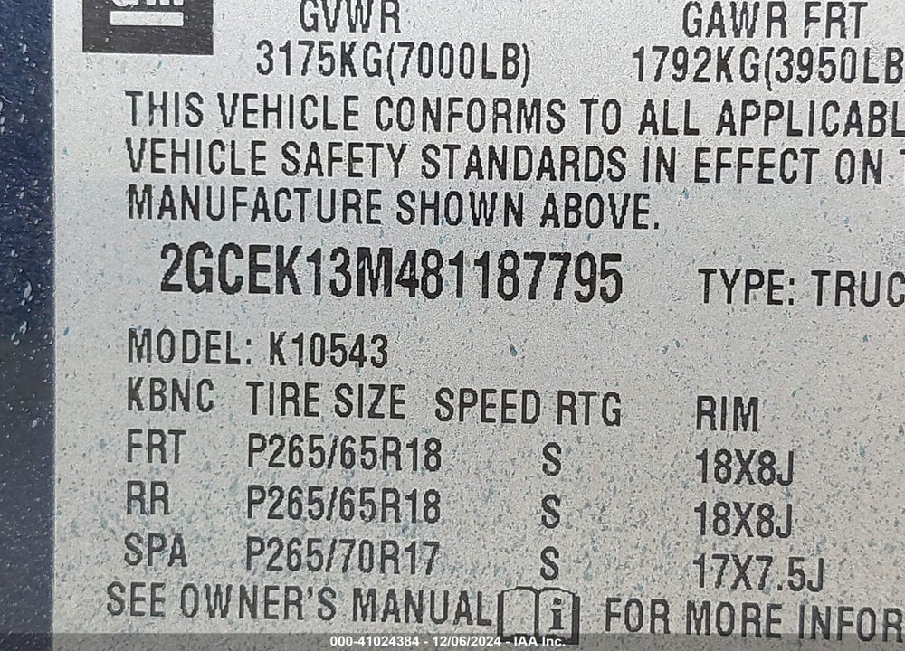 2008 CHEVROLET SILVERADO 1500 LT1 VIN: 2GCEK13M481187795