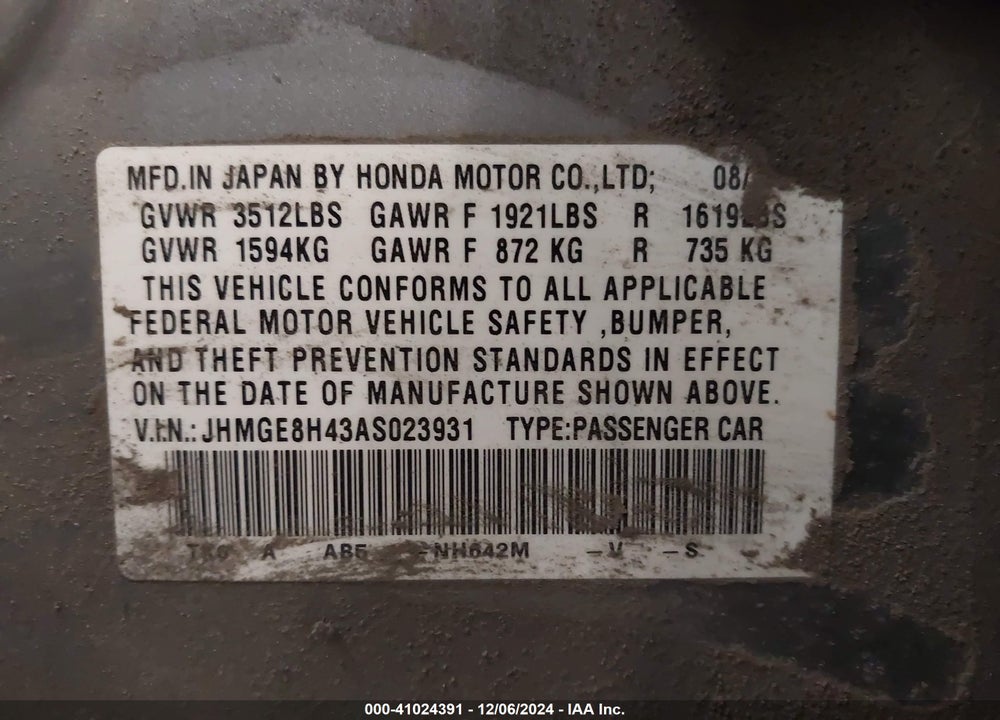 2010 HONDA FIT VIN: JHMGE8H43AS023931