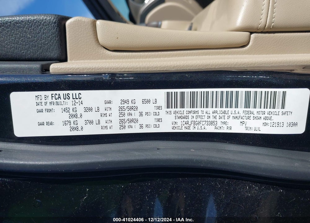 2015 JEEP GRAND CHEROKEE VIN: 1C4RJFBG0FC733853