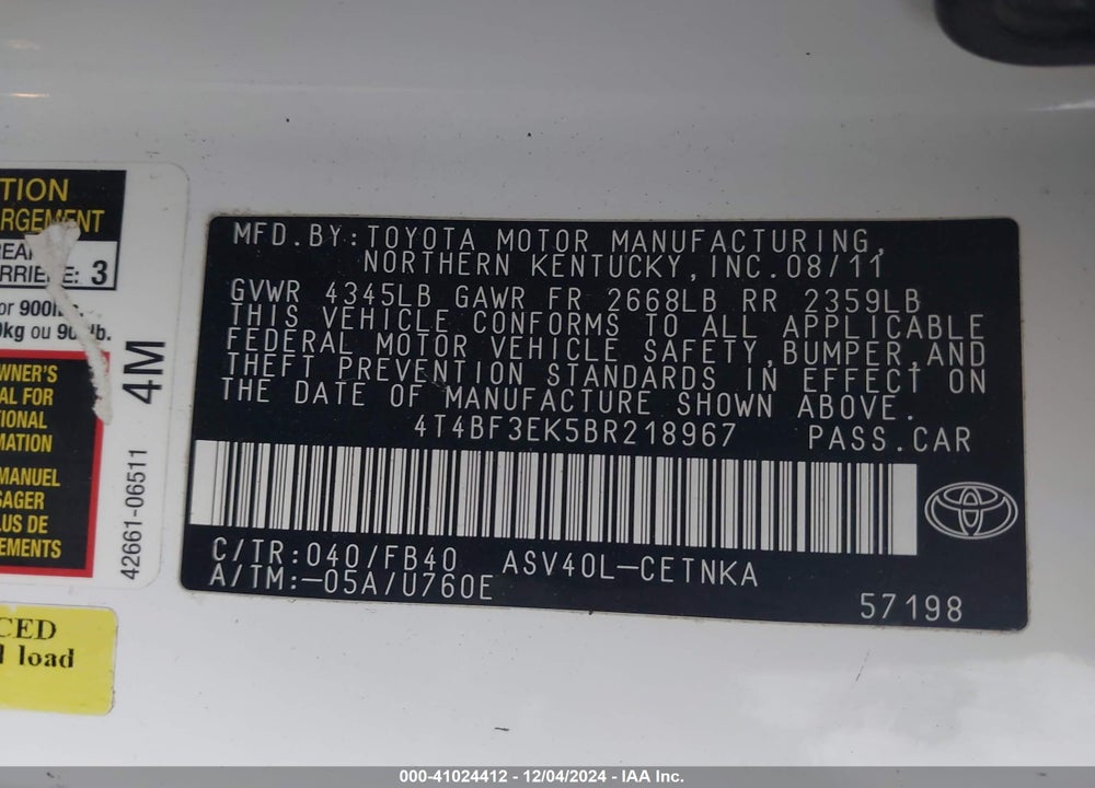 2011 TOYOTA CAMRY LE VIN: 4T4BF3EK5BR218967