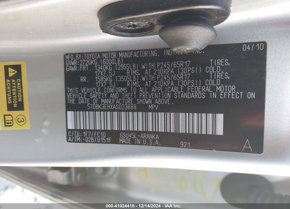 2010 TOYOTA HIGHLANDER BASE V6 VIN: 5TDBK3EHXAS023688
